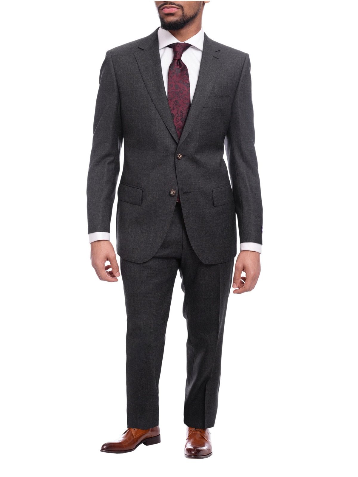 Napoli TWO PIECE SUITS Napoli Classic Fit Textured Charcoal Gray Two Button Half Canvassed Wool Suit