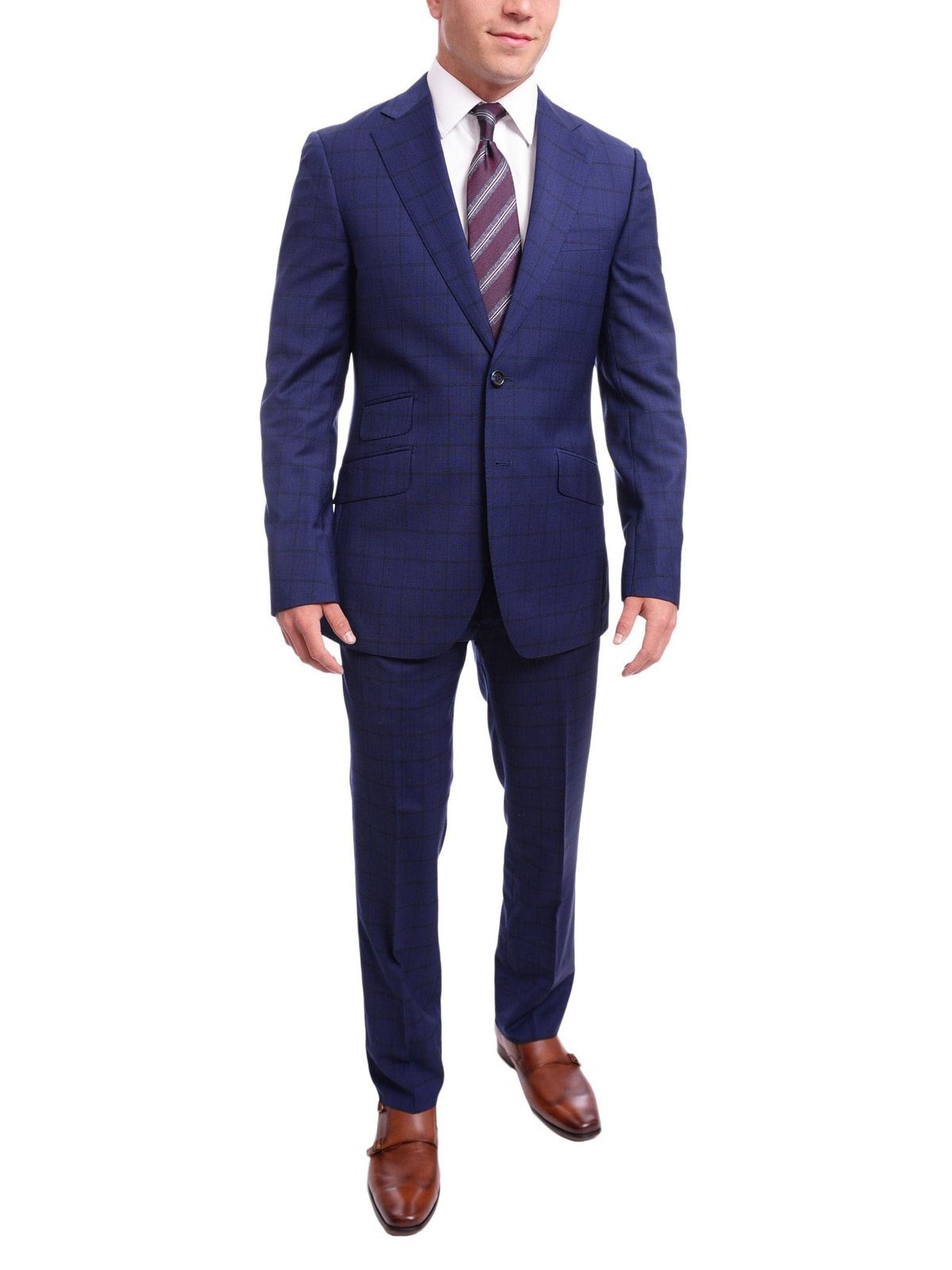 Napoli TWO PIECE SUITS Napoli Slim Fit Blue Plaid Windowpane Two Button Half Canvassed 100% Wool Suit
