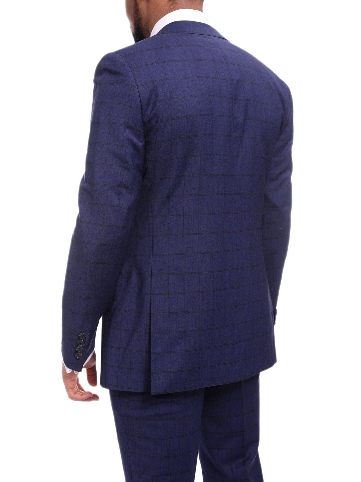 Napoli TWO PIECE SUITS Napoli Slim Fit Blue Plaid Windowpane Two Button Half Canvassed 100% Wool Suit