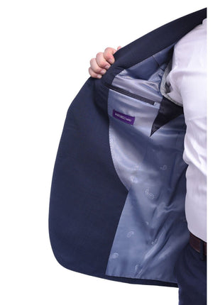 Napoli TWO PIECE SUITS Napoli Slim Fit Blue Textured Two Button Half Canvassed Wool Suit