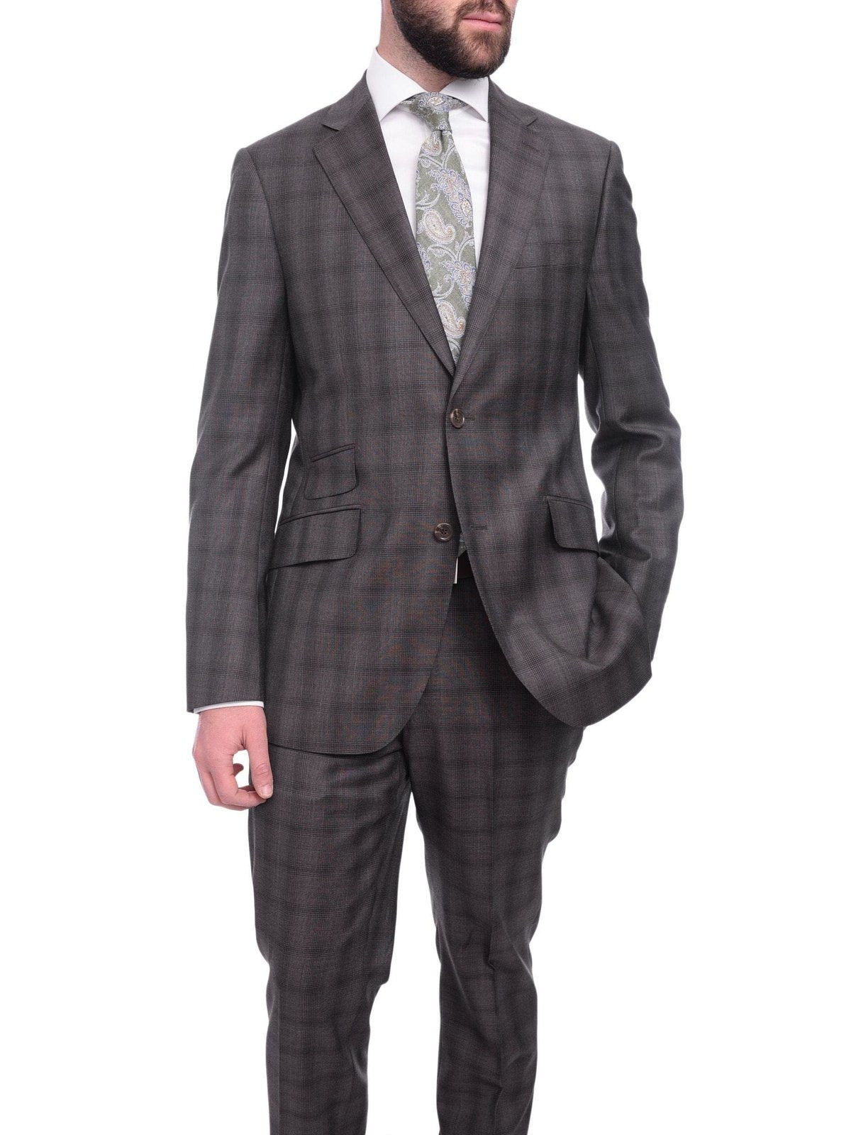 Napoli TWO PIECE SUITS Napoli Slim Fit Brown Glen Plaid Half Canvassed Reda Wool Suit Slanted Pockets