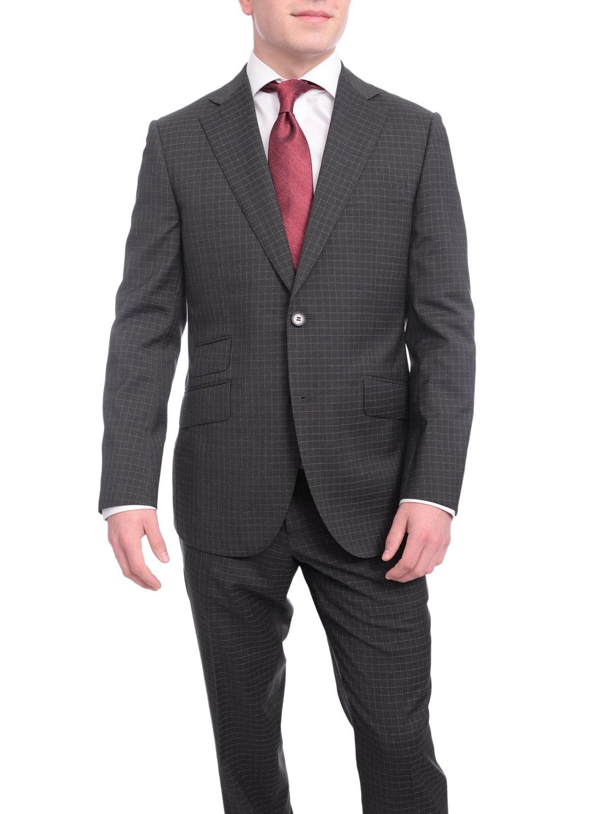 Napoli TWO PIECE SUITS Napoli Slim Fit Charcoal Gray Check Two Button Half Canvassed Tollegno Wool Suit