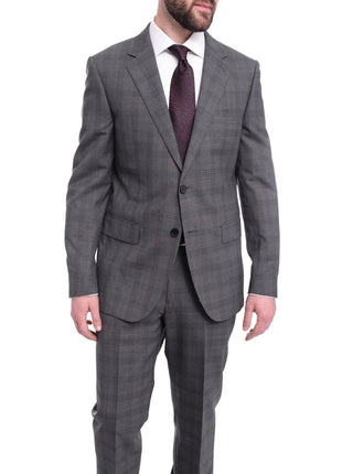Napoli TWO PIECE SUITS Napoli Slim Fit Gray & Blue Plaid Two Button Half Canvassed Wool Suit