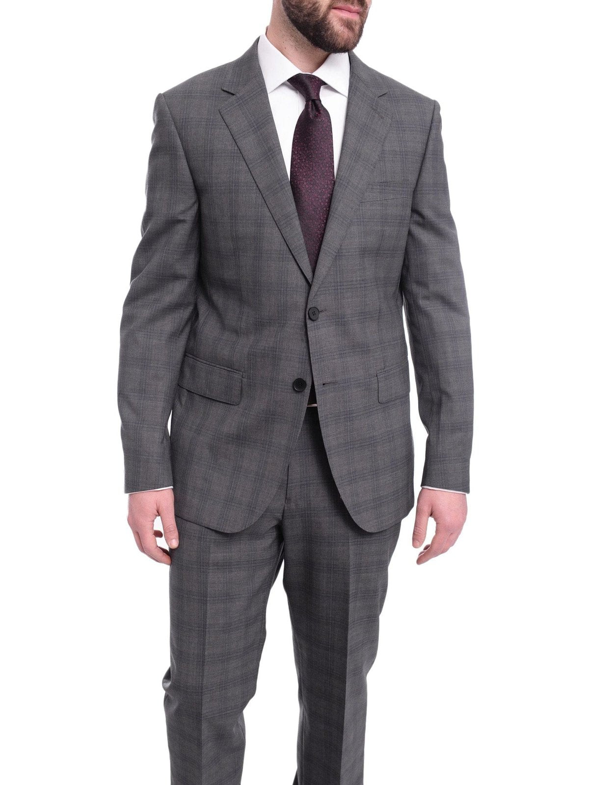 Napoli TWO PIECE SUITS Napoli Slim Fit Gray &amp; Blue Plaid Two Button Half Canvassed Wool Suit
