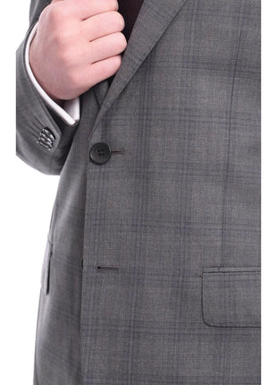Napoli TWO PIECE SUITS Napoli Slim Fit Gray & Blue Plaid Two Button Half Canvassed Wool Suit