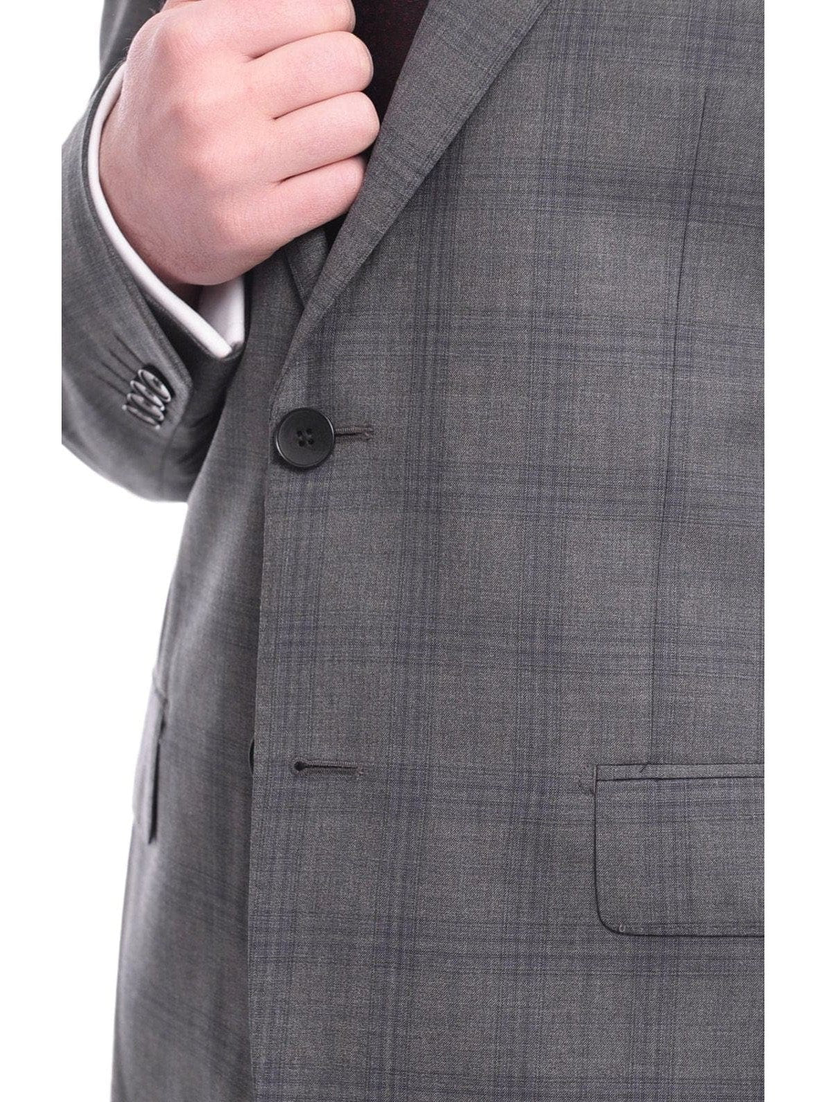 Napoli TWO PIECE SUITS Napoli Slim Fit Gray &amp; Blue Plaid Two Button Half Canvassed Wool Suit
