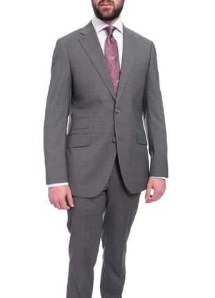 Napoli TWO PIECE SUITS Napoli Slim Fit Gray Check Half Canvassed Marzotto Wool Suit Slanted Pockets