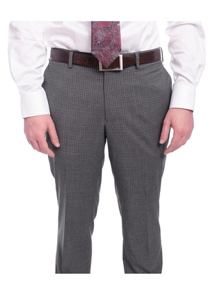 Napoli TWO PIECE SUITS Napoli Slim Fit Gray Check Half Canvassed Marzotto Wool Suit Slanted Pockets