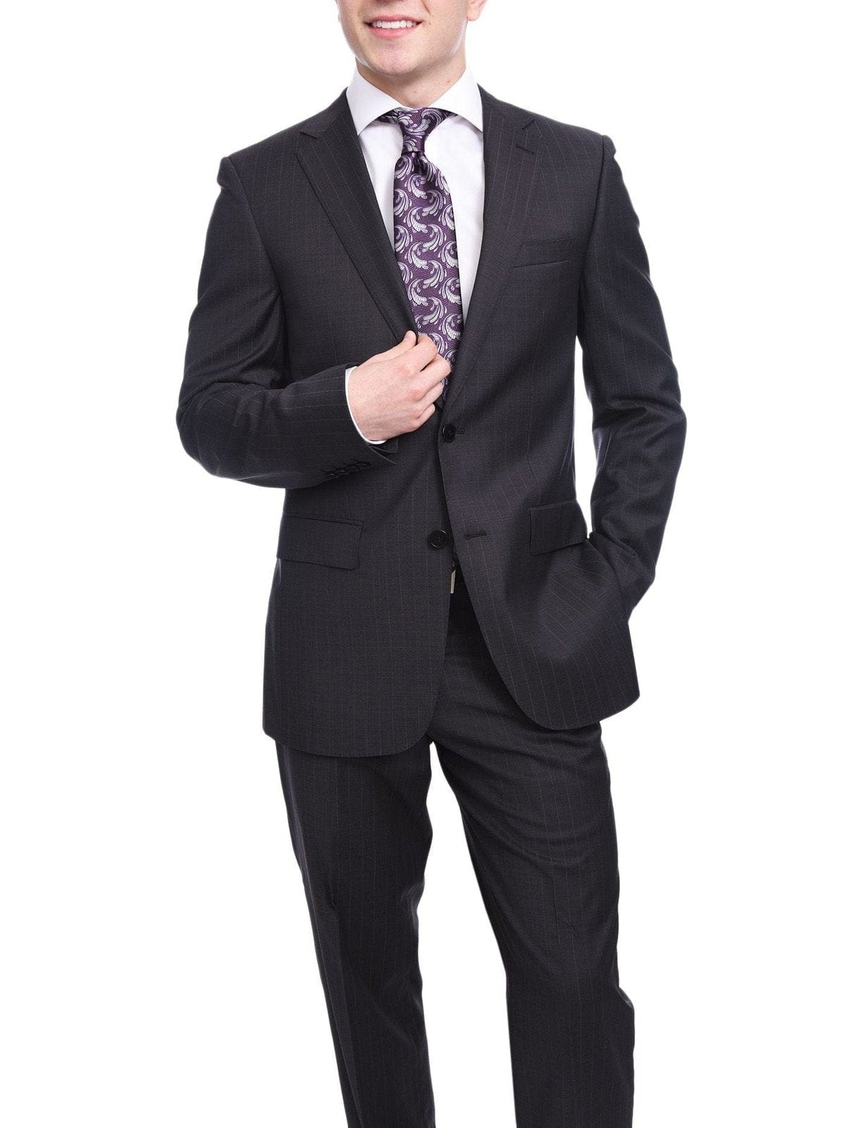 Napoli TWO PIECE SUITS Napoli Slim Fit Gray Pinstripe Half Canvassed Super 150s Marzotto Wool Suit