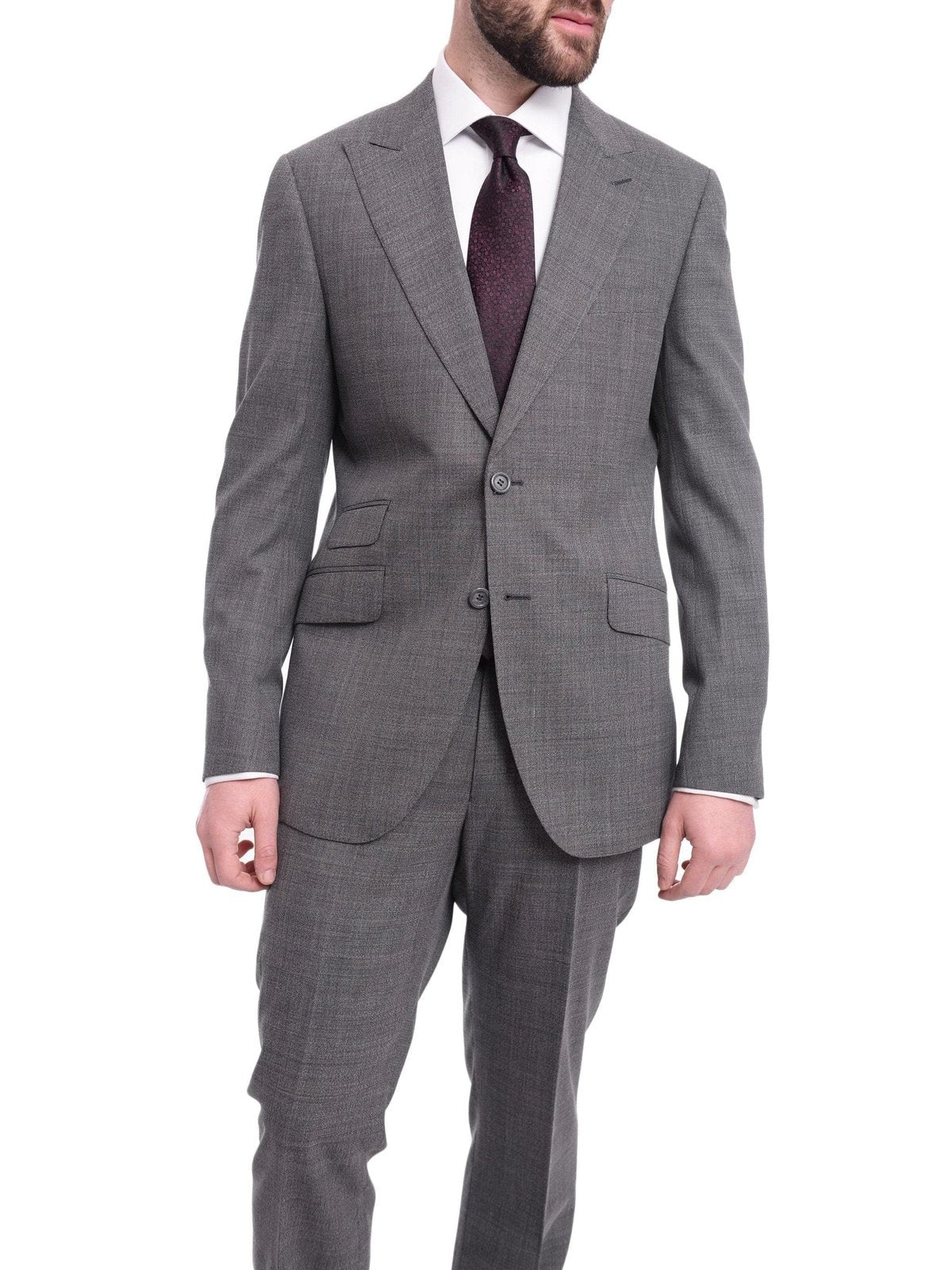 Napoli TWO PIECE SUITS Napoli Slim Fit Gray Stepweave Half Canvassed Wool Suit With Peak Lapels