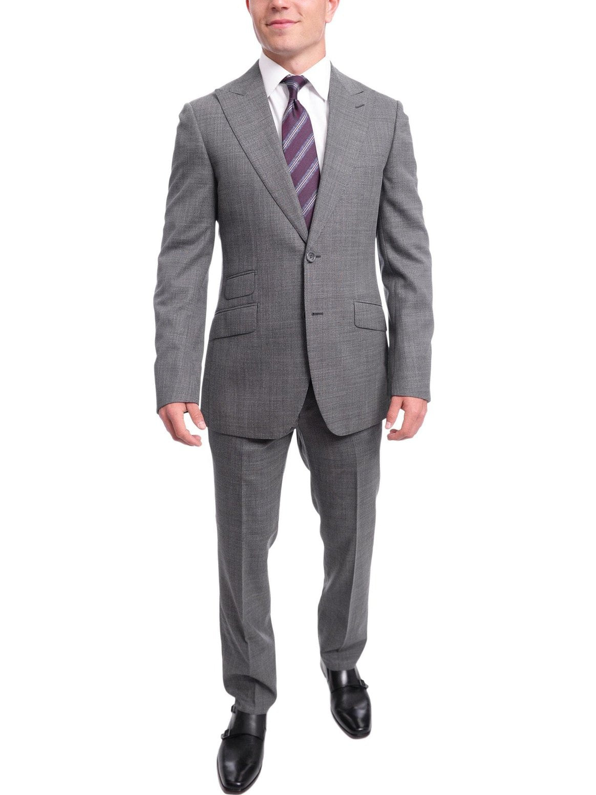 Napoli TWO PIECE SUITS Napoli Slim Fit Gray Stepweave Half Canvassed Wool Suit With Peak Lapels