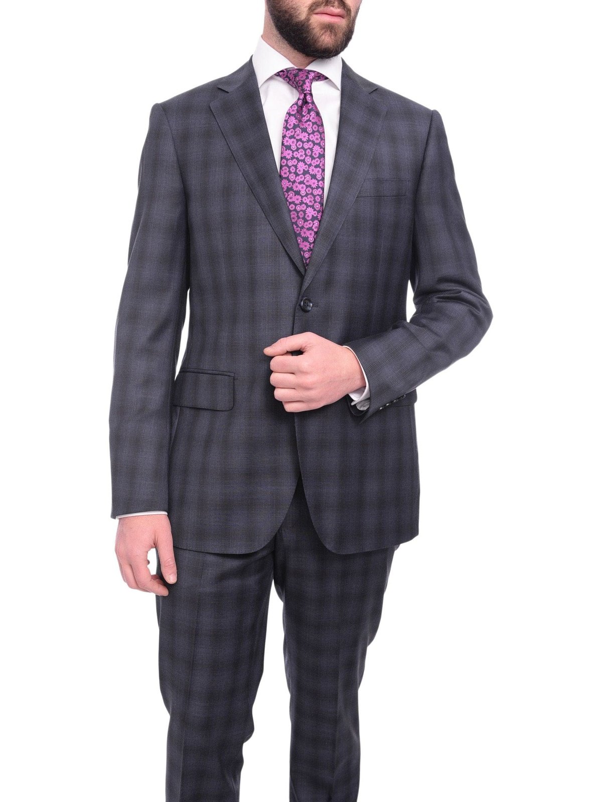 Napoli TWO PIECE SUITS Napoli Slim Fit Navy Blue Glen Plaid Two Button Half Canvassed Reda Wool Suit