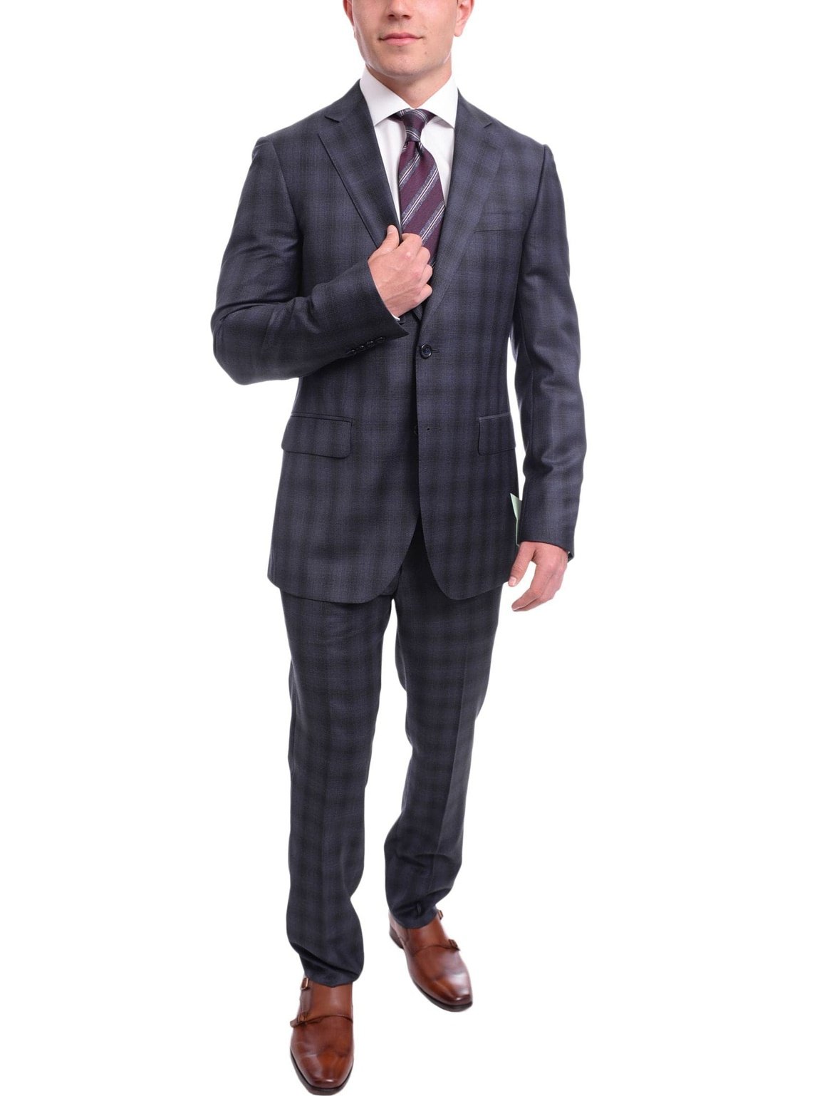 Napoli TWO PIECE SUITS Napoli Slim Fit Navy Blue Glen Plaid Two Button Half Canvassed Reda Wool Suit