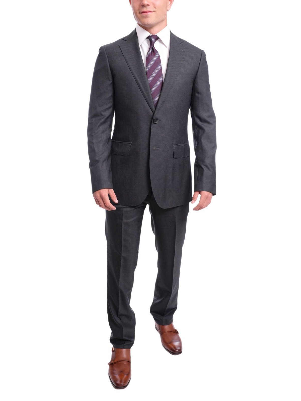 Napoli TWO PIECE SUITS Napoli Slim Fit Navy Blue Herringbone Two Button Zegna Wool &amp; Silk Blend Suit