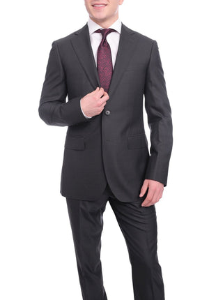 Napoli TWO PIECE SUITS Napoli Slim Fit Navy Blue Herringbone Two Button Zegna Wool & Silk Blend Suit