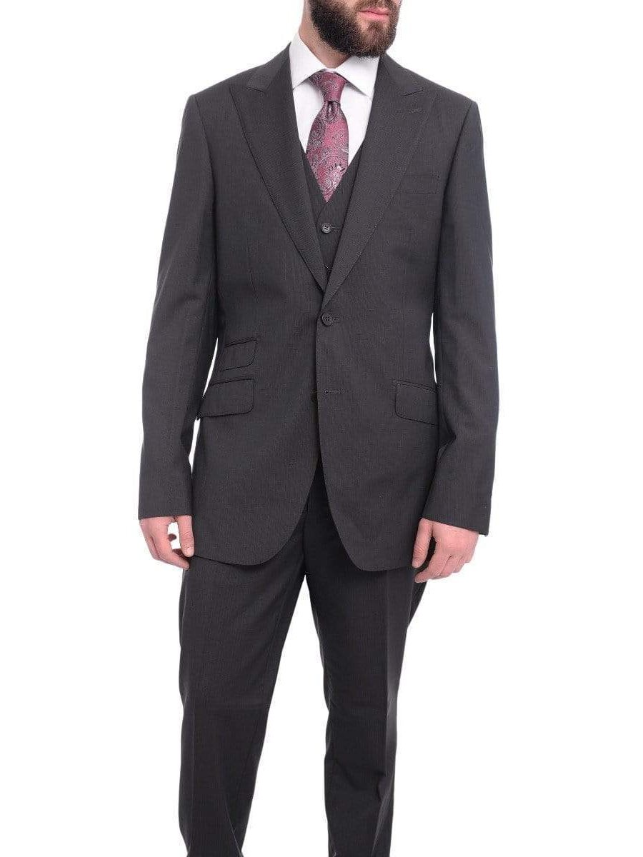Napoli TWO PIECE SUITS Napoli Slim Fit Navy Blue Pinstripe Two Button Wool Suit With Wide Peak Lapels