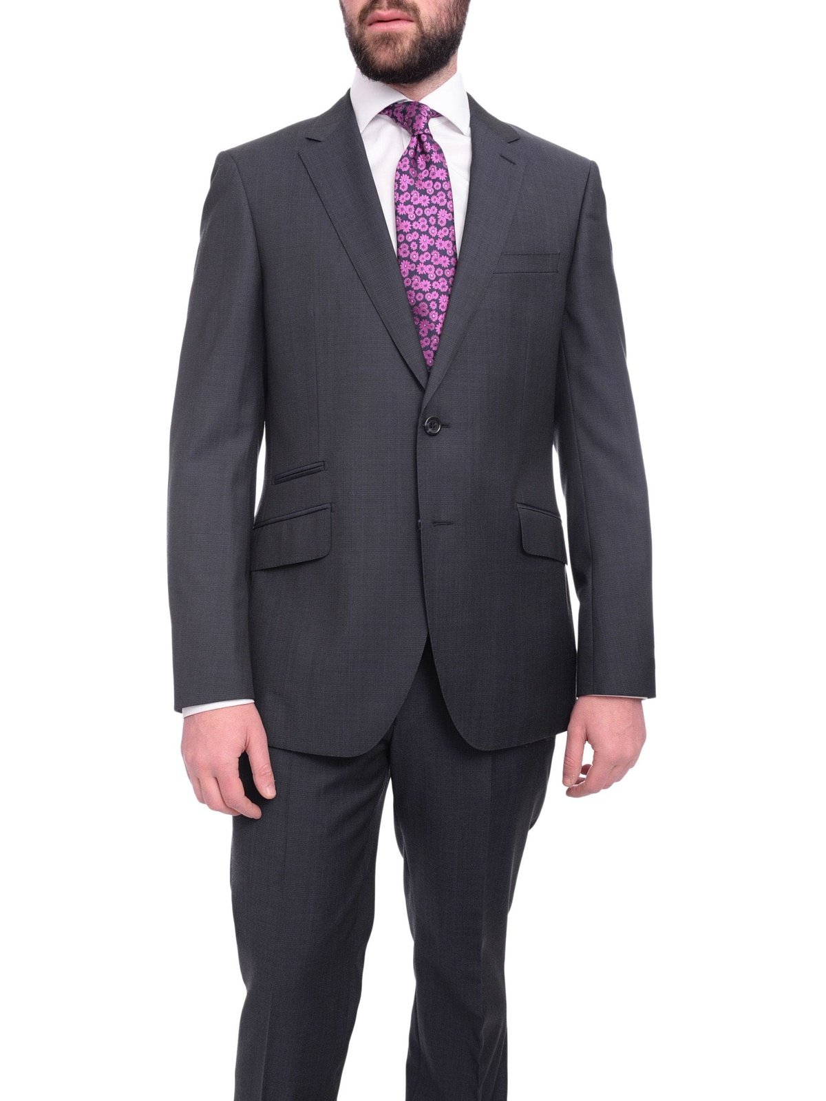 Napoli TWO PIECE SUITS Napoli Slim Fit Navy Blue Plaid Half Canvassed Marzotto Wool Suit Slanted Pocket