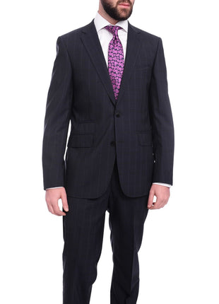 Napoli TWO PIECE SUITS Napoli Slim Fit Navy Blue Windowpane Plaid Two Button Half Canvassed Wool Suit