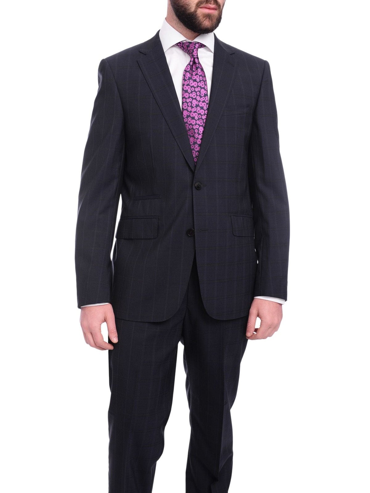 Napoli TWO PIECE SUITS Napoli Slim Fit Navy Blue Windowpane Plaid Two Button Half Canvassed Wool Suit