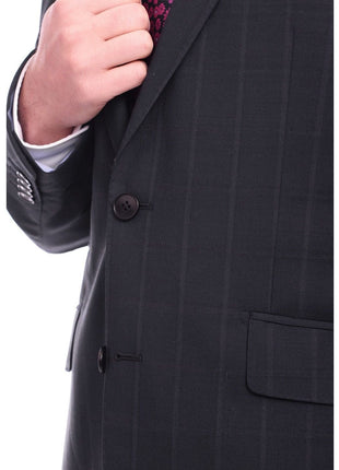 Napoli TWO PIECE SUITS Napoli Slim Fit Navy Blue Windowpane Plaid Two Button Half Canvassed Wool Suit