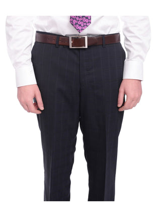 Napoli TWO PIECE SUITS Napoli Slim Fit Navy Blue Windowpane Plaid Two Button Half Canvassed Wool Suit