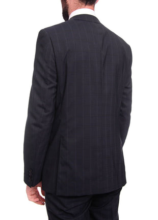 Napoli TWO PIECE SUITS Napoli Slim Fit Navy Blue Windowpane Plaid Two Button Half Canvassed Wool Suit