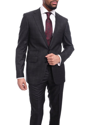Napoli TWO PIECE SUITS Napoli Slim Fit Navy Blue Windowpane Two Button Half Canvassed Wool Suit