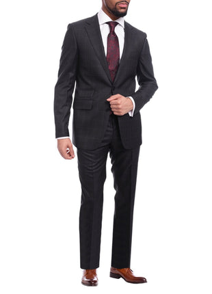 Napoli TWO PIECE SUITS Napoli Slim Fit Navy Blue Windowpane Two Button Half Canvassed Wool Suit