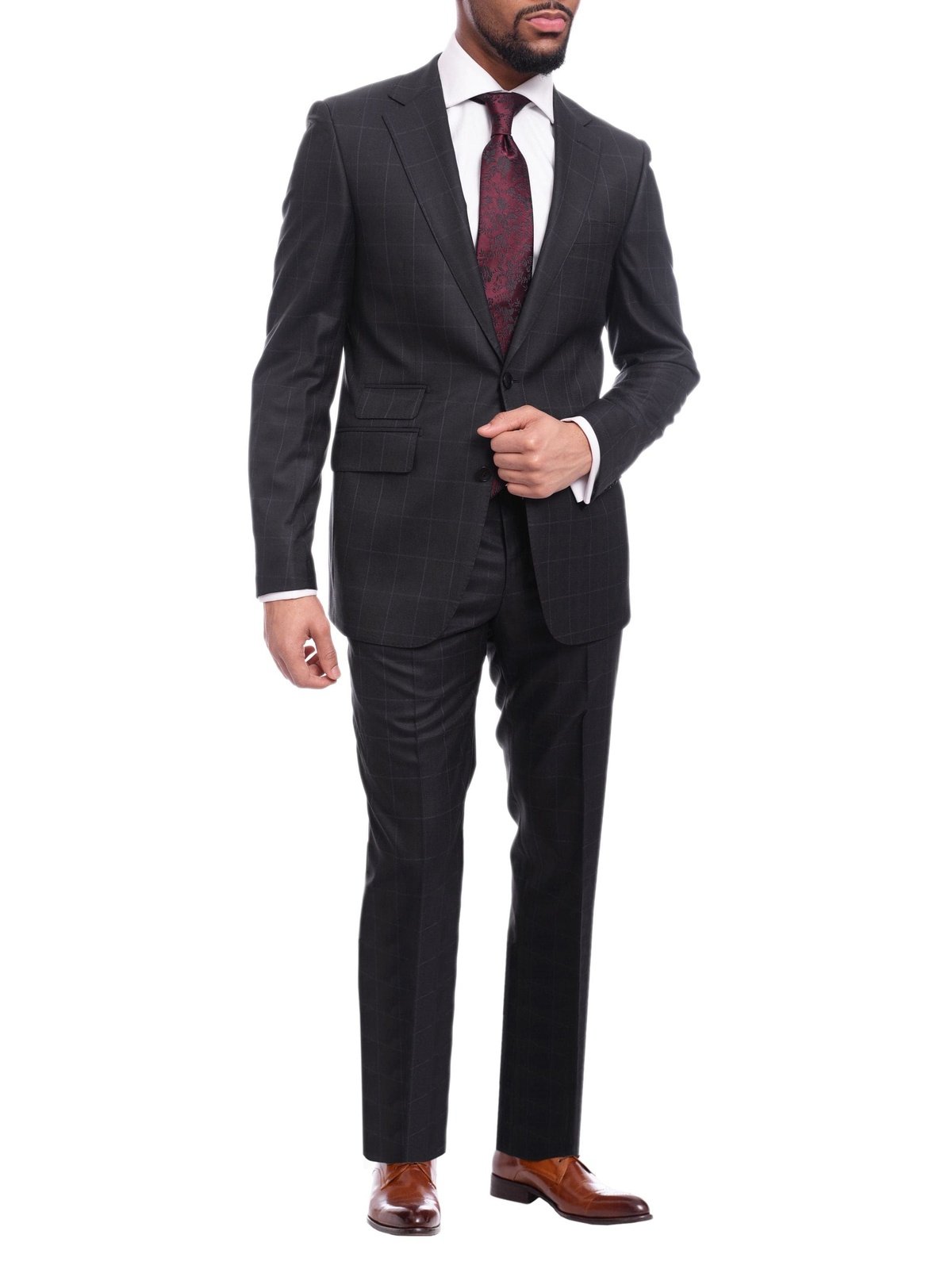 Napoli TWO PIECE SUITS Napoli Slim Fit Navy Blue Windowpane Two Button Half Canvassed Wool Suit