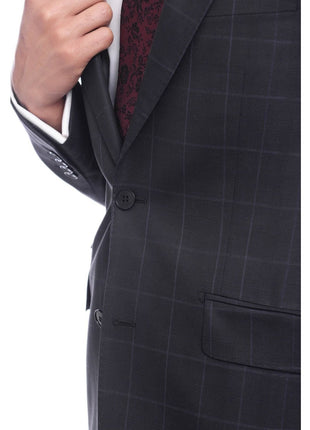 Napoli TWO PIECE SUITS Napoli Slim Fit Navy Blue Windowpane Two Button Half Canvassed Wool Suit