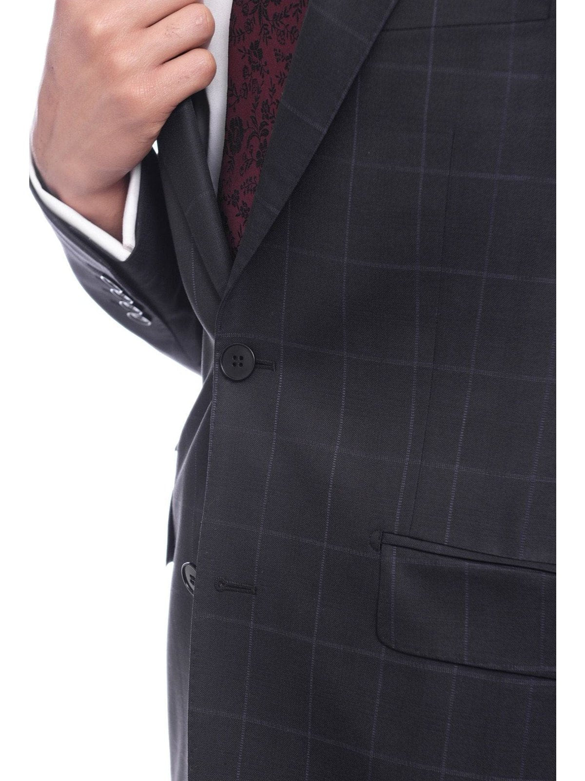 Napoli TWO PIECE SUITS Napoli Slim Fit Navy Blue Windowpane Two Button Half Canvassed Wool Suit