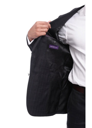Napoli TWO PIECE SUITS Napoli Slim Fit Navy Blue Windowpane Two Button Half Canvassed Wool Suit