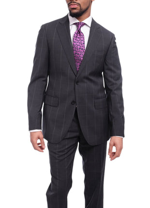 Napoli TWO PIECE SUITS Napoli Slim Fit Navy Blue Windowpane Two Button Half Canvassed Wool Suit