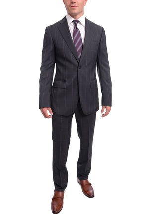 Napoli TWO PIECE SUITS Napoli Slim Fit Navy Blue Windowpane Two Button Half Canvassed Wool Suit