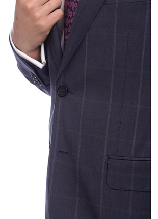 Napoli TWO PIECE SUITS Napoli Slim Fit Navy Blue Windowpane Two Button Half Canvassed Wool Suit