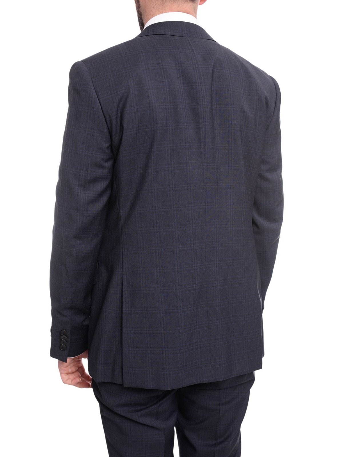 Napoli TWO PIECE SUITS Napoli Slim Fit Navy Plaid Windowpane Two Button Half Canvassed Wool Suit