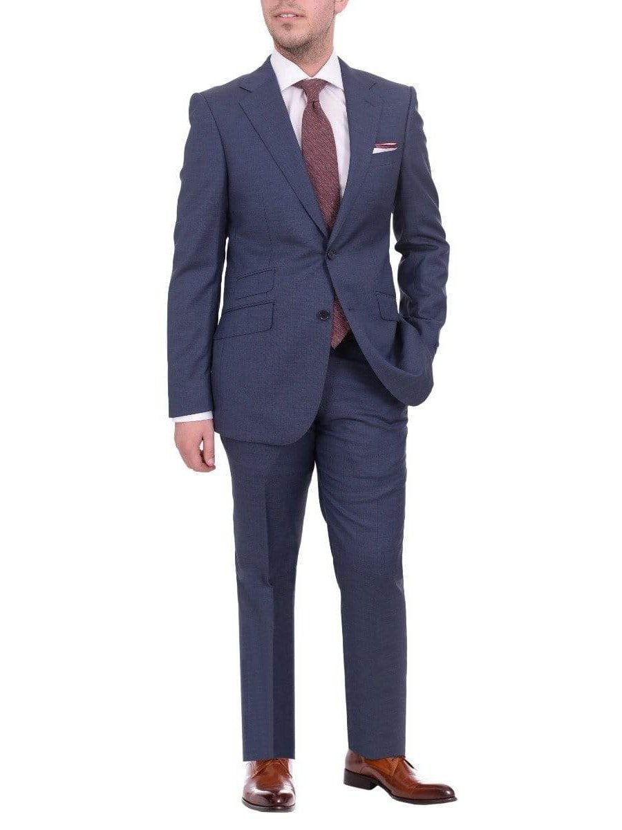 Napoli TWO PIECE SUITS Napoli Slim Fit Solid Blue Two Button Half Canvassed Marzotto Wool Suit