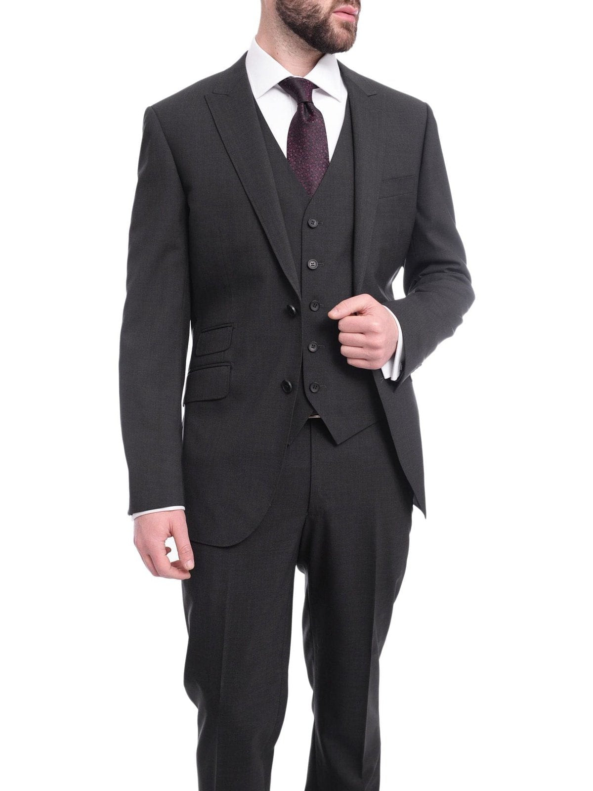 Napoli TWO PIECE SUITS Napoli Slim Fit Solid Charcoal Two Button Half Canvassed Marzotto Wool Suit