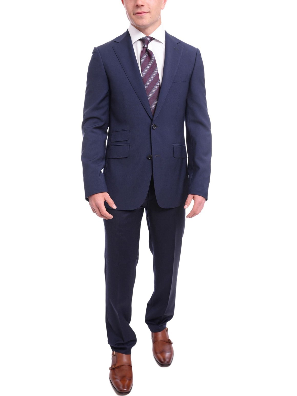 Napoli TWO PIECE SUITS Napoli Slim Fit Solid Navy Blue Two Button Half Canvassed Wool Suit