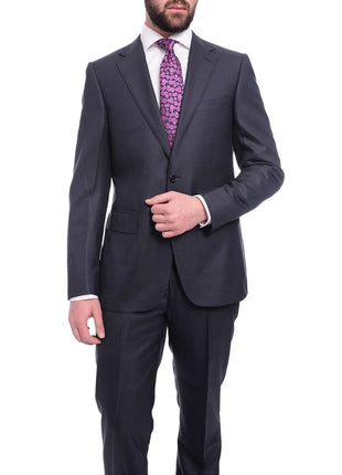 Napoli TWO PIECE SUITS Napoli Slim Fit Solid Navy Blue Two Button Half Canvassed Wool Suit