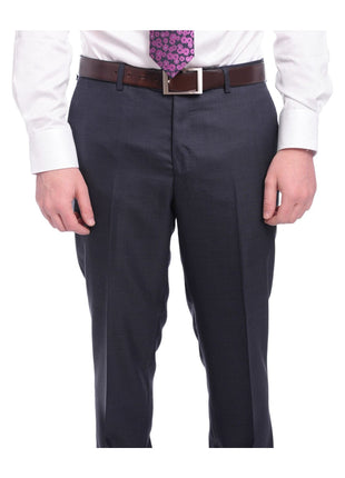 Napoli TWO PIECE SUITS Napoli Slim Fit Solid Navy Blue Two Button Half Canvassed Wool Suit