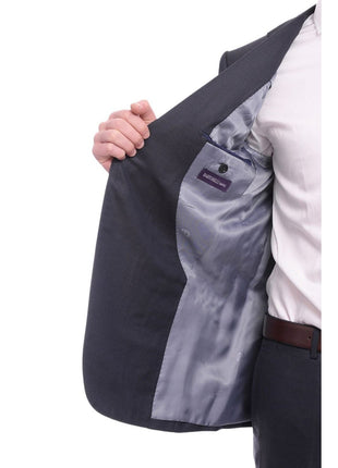Napoli TWO PIECE SUITS Napoli Slim Fit Solid Navy Blue Two Button Half Canvassed Wool Suit