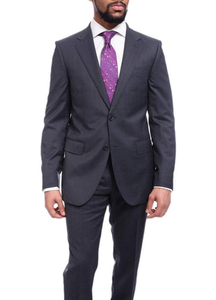 Napoli TWO PIECE SUITS Napoli Slim Fit Subtle Navy Blue Plaid Half Canvassed Marzotto Wool Suit