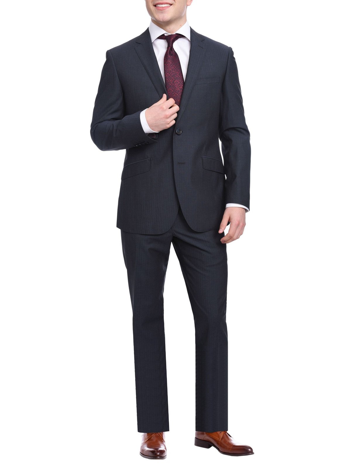 Napoli TWO PIECE SUITS Napoli Slim Fit Tonal Navy Blue Striped Two Button Wool Suit