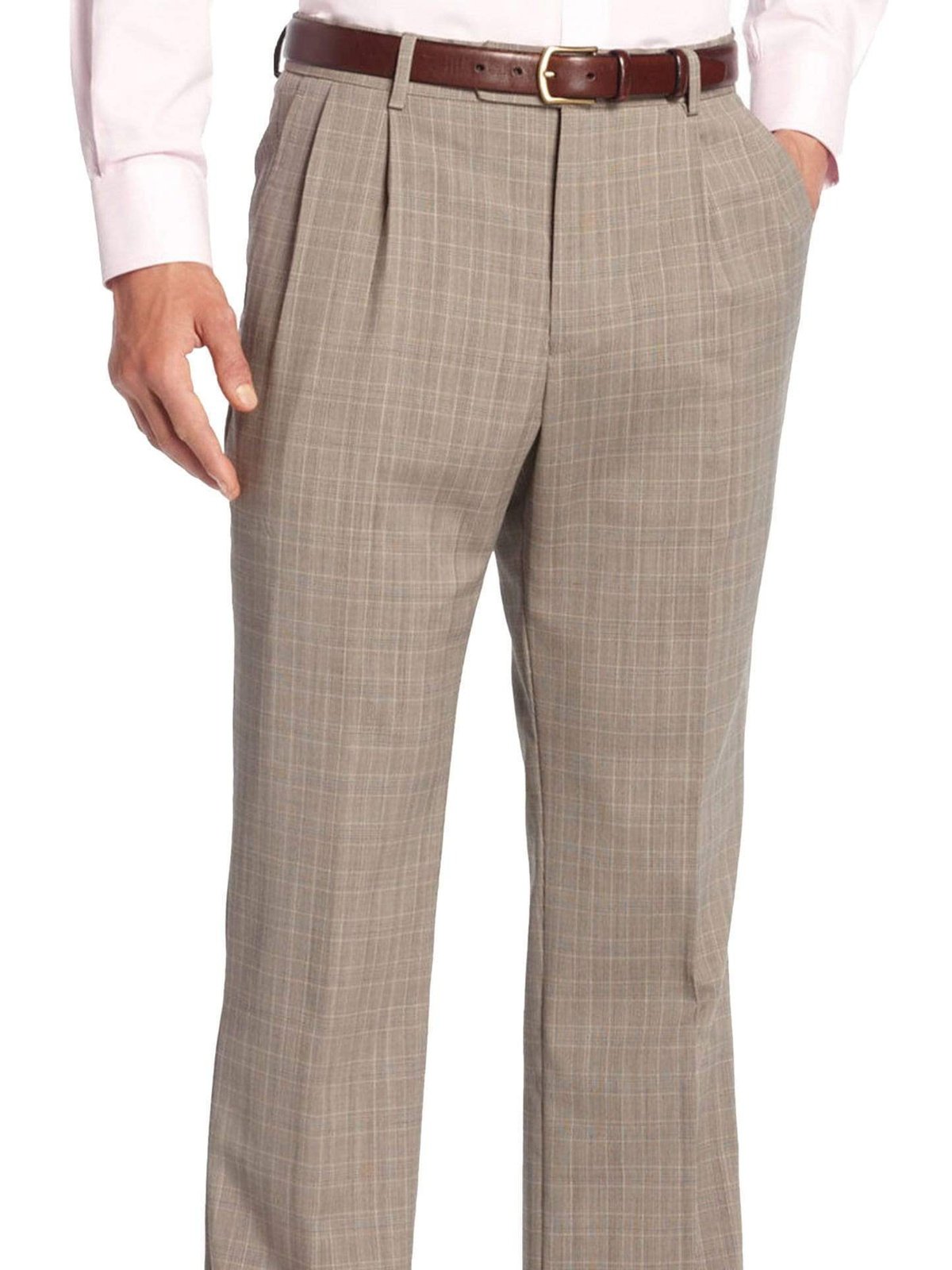 Nautica Classic Fit Tan Plaid Double Pleated Stretch Wool Blend Dress Pants - The Suit Depot