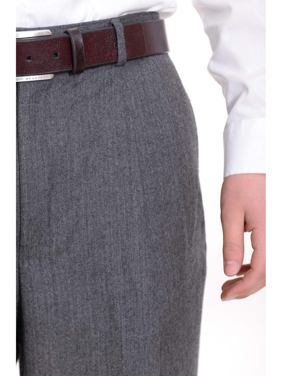 Nautica Regular Fit Gray Herringbone Pleated Wool Dress Pants - The Suit Depot