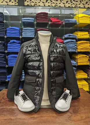 Pierre Carlos OUTERWEAR Pierre Carlos Mens Black Shiny Quilted Front Puffer Jacket Winter Coat