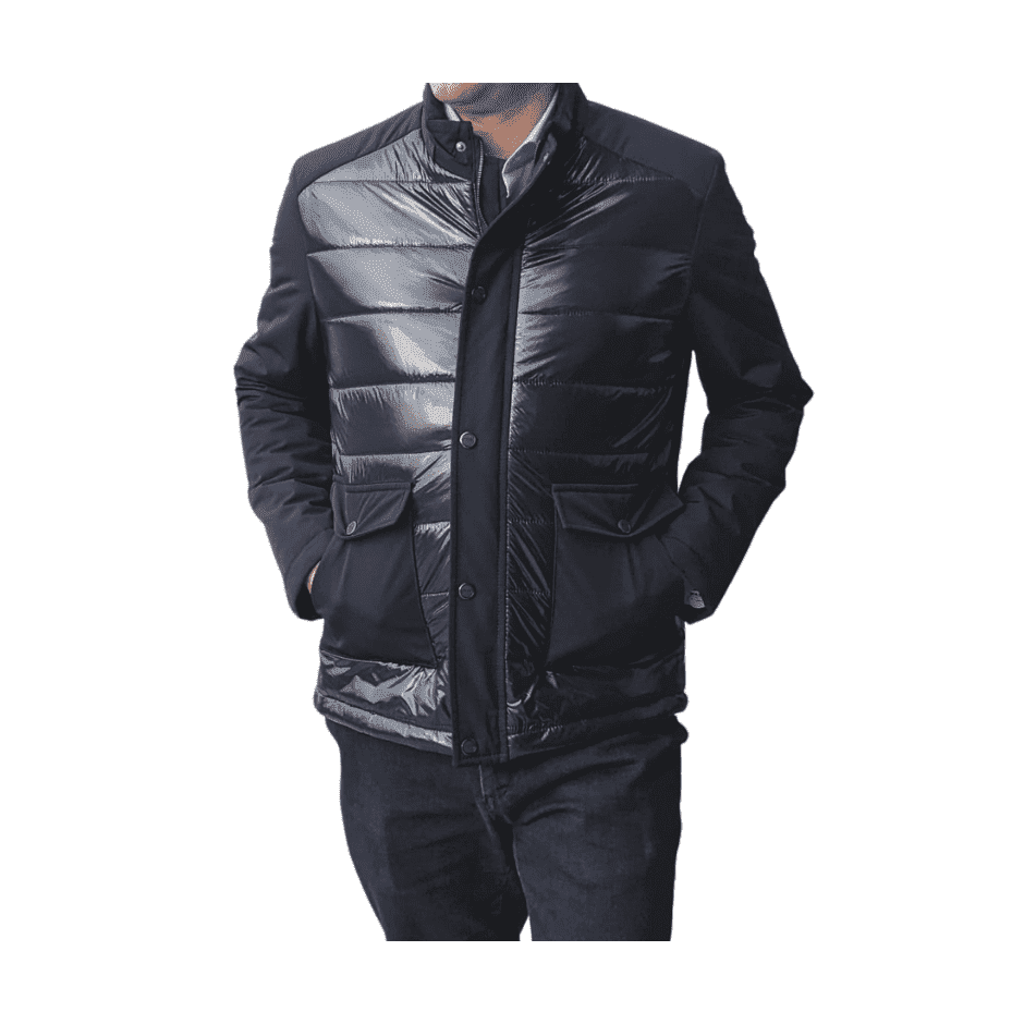 Pierre Carlos OUTERWEAR Pierre Carlos Mens Blue Shiny Quilted Front Puffer Jacket Winter Coat