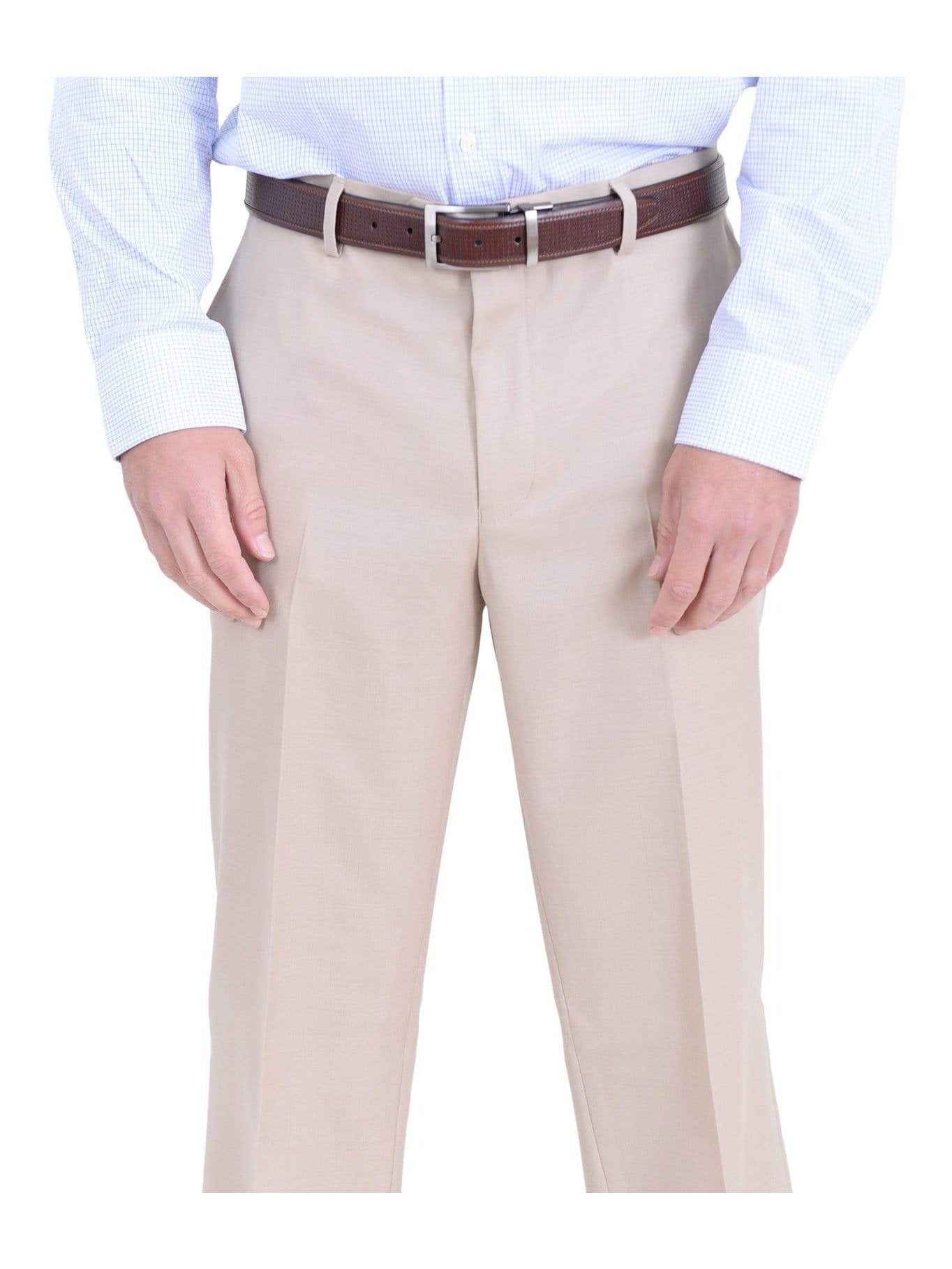 Mens Classic Fit Solid Light Tan Flat Front Wool Dress Pants, 40W Mens Classic Fit Solid Light Tan Flat Front Wool Dress Pants, 40W