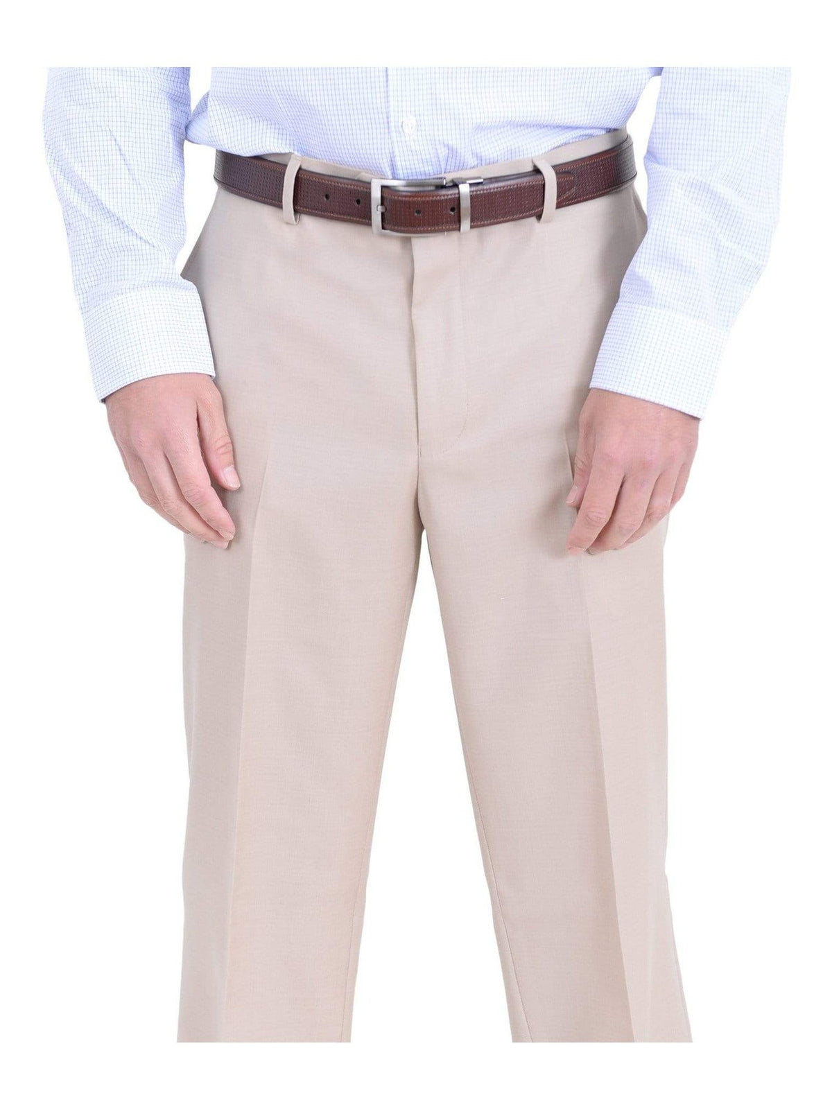 Private Label M PANTS 38W Mens Classic Fit Solid Light Tan Flat Front Wool Dress Pants